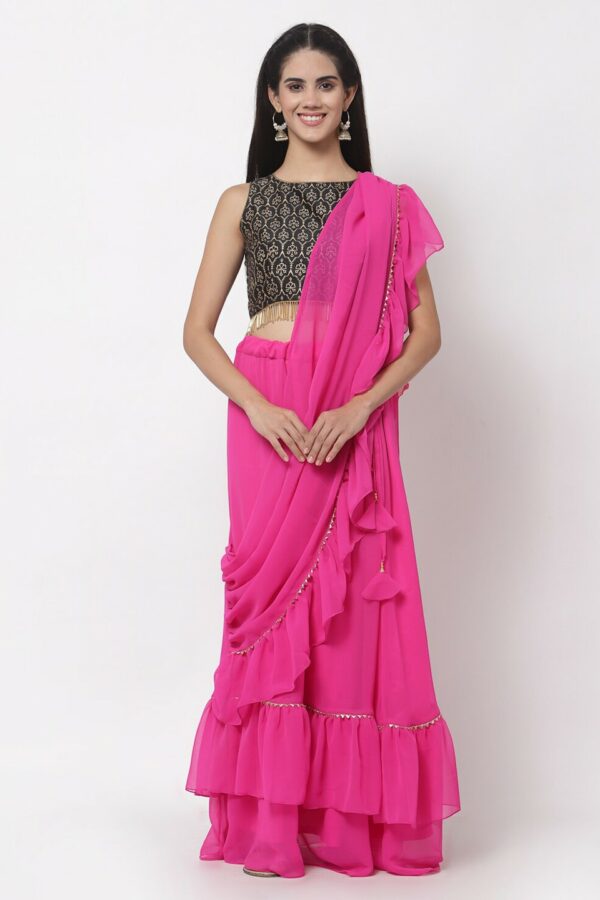 studio rasa Women Pink Georgette Tiered Skirt with Attached Dupatta