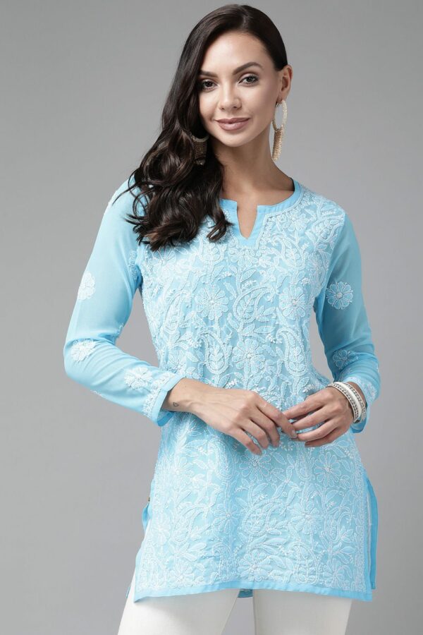 ADA Blue & White Ethnic Motifs Embroidered Chikankari Kurti