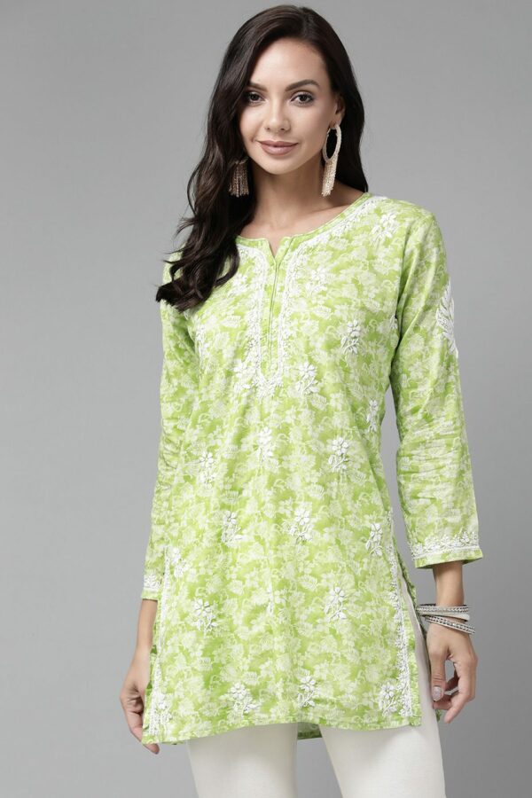 ADA Green & White Ethnic Motifs Embroidered Chikankari Kurti