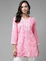 ADA Pink & White Ethnic Motifs Embroidered Chikankari Kurti