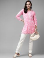 ADA Pink & White Ethnic Motifs Embroidered Chikankari Kurti - Image 5
