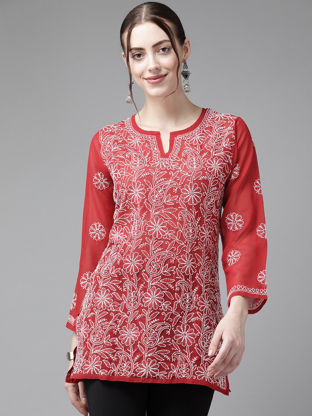 Red Cotton Hand Jaali Chikankari Kurti Fabric (Only Kurti) – Dress365days