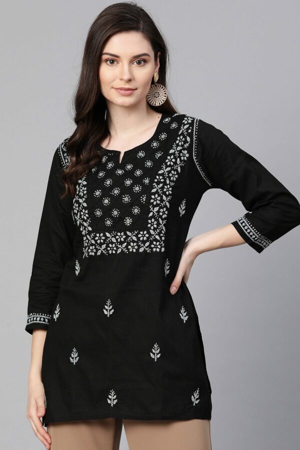 ADA Women Black & Grey Chikankari Hand Embroidered Pure Cotton Straight Sustainable Kurti