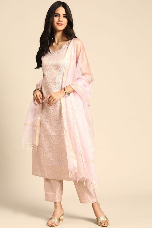 Anayna Women Peach-Coloured & Golden Brocade Woven Design Kurta with Trousers & Dupatta