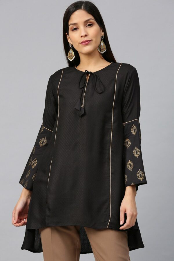 Bhama Couture Black Self-Design A-Line High-Low Pure Cotton Kurti