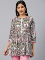 Bhama Couture White & Pink Printed Pure Cotton A-Line Empire Kurti