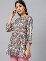 Bhama Couture White & Pink Printed Pure Cotton A-Line Empire Kurti - Image 3