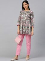 Bhama Couture White & Pink Printed Pure Cotton A-Line Empire Kurti - Image 5