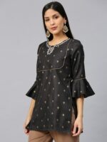 Bhama Couture Women Black & Golden Printed Pure Cotton Straight Kurti - Image 3