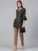 Bhama Couture Women Black & Golden Printed Pure Cotton Straight Kurti - Image 5
