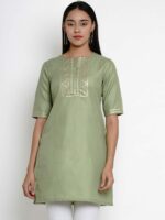 Bhama Couture Women Green Pure Cotton Kurti with Lace Detailing