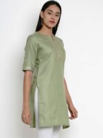 Bhama Couture Women Green Pure Cotton Kurti with Lace Detailing - Image 3