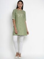 Bhama Couture Women Green Pure Cotton Kurti with Lace Detailing - Image 6
