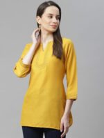 Cottinfab Mustard Yellow V-Neck Pure Cotton A-Line Kurti