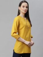 Cottinfab Mustard Yellow V-Neck Pure Cotton A-Line Kurti - Image 3