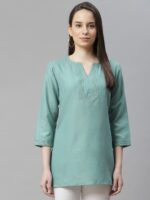 Cottinfab Sea Green V-Neck Pure Cotton Kurti