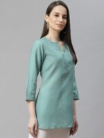 Cottinfab Sea Green V-Neck Pure Cotton Kurti - Image 3