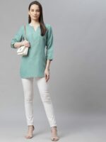 Cottinfab Sea Green V-Neck Pure Cotton Kurti - Image 5