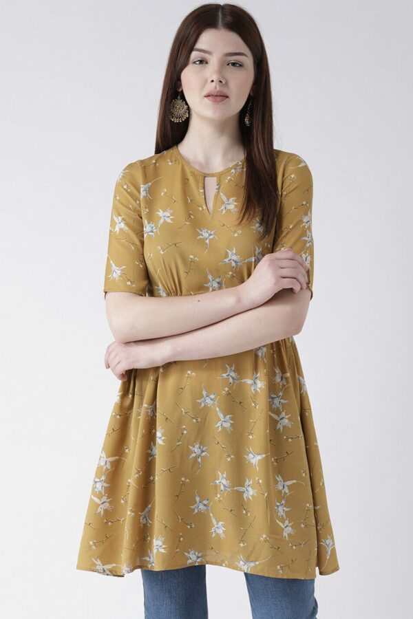 DODO & MOA Mustard Yellow Floral Printed Kurti
