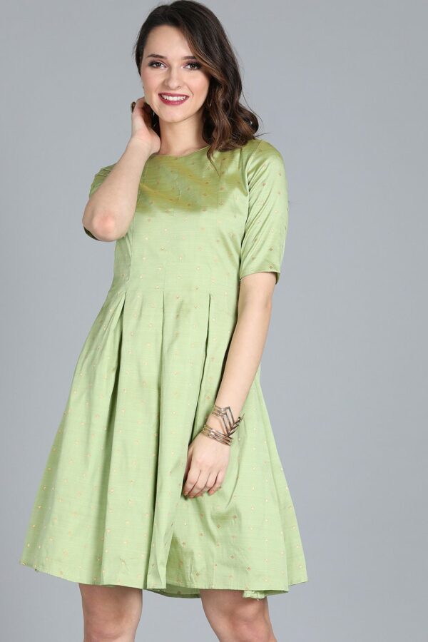EthnoVogue Women Green Woven Design Made To Measure Fit and Flare Dress