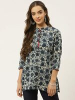FABRIC FITOOR Women Navy Blue & White Pure Cotton Ethnic Printed Straight Kurti