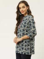 FABRIC FITOOR Women Navy Blue & White Pure Cotton Ethnic Printed Straight Kurti - Image 3