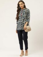 FABRIC FITOOR Women Navy Blue & White Pure Cotton Ethnic Printed Straight Kurti - Image 5
