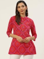 FABRIC FITOOR Women Pink & White Printed Pure Cotton Straight Kurti