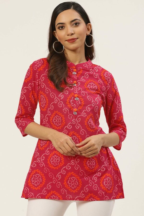 FABRIC FITOOR Women Pink & White Printed Pure Cotton Straight Kurti