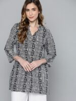 HERE&NOW Black & White Geometric Print Shirt Collar Pure Cotton Kurti