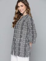HERE&NOW Black & White Geometric Print Shirt Collar Pure Cotton Kurti - Image 3