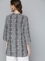 HERE&NOW Black & White Geometric Print Shirt Collar Pure Cotton Kurti - Image 4