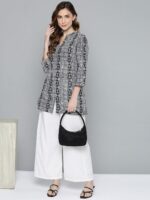 HERE&NOW Black & White Geometric Print Shirt Collar Pure Cotton Kurti - Image 5
