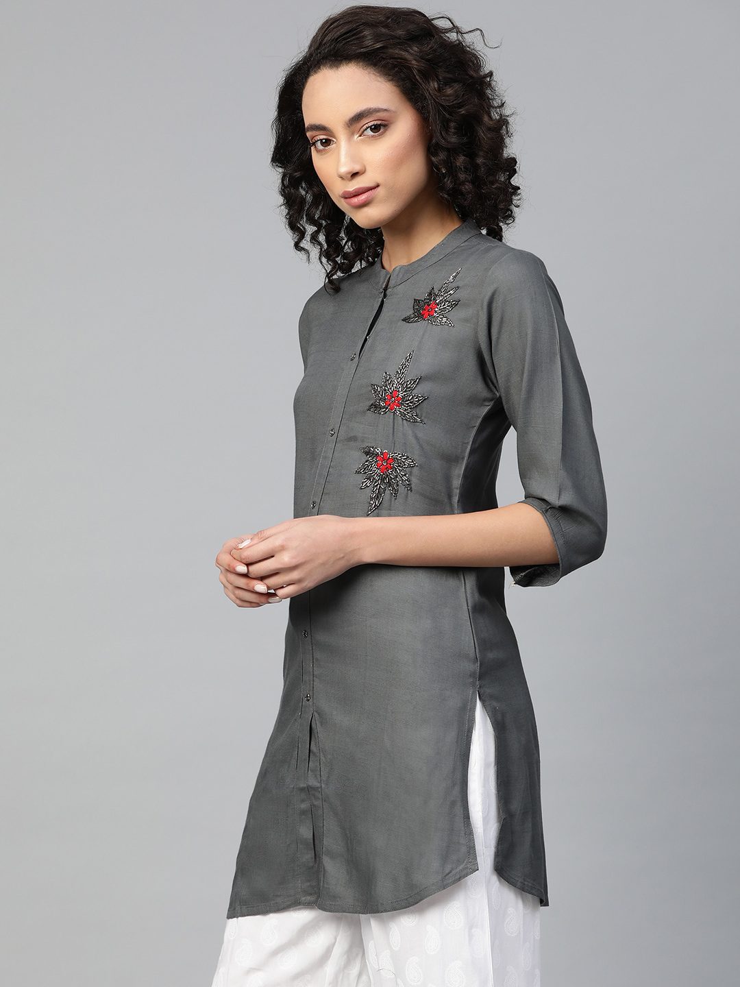 Attractive Grey Colored Casual Wear Embroidered Cotton Sulb Kurti