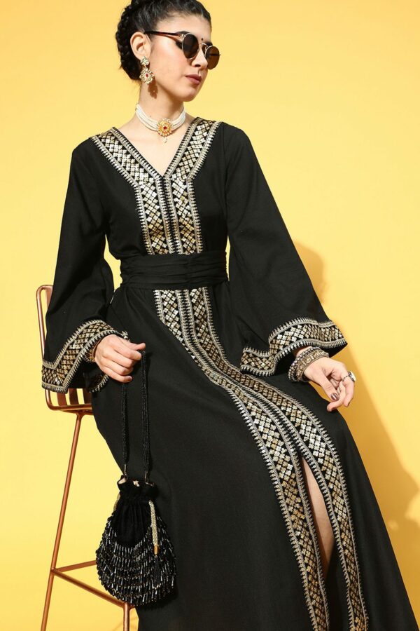 Inddus Women Black & Golden Ethnic Motifs Ethnic A-Line Midi Dress with Front Slit