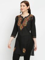Indiankala4u Black Floral Embroidered Chikankari Pure Cotton Chikankari Kurti - Image 4
