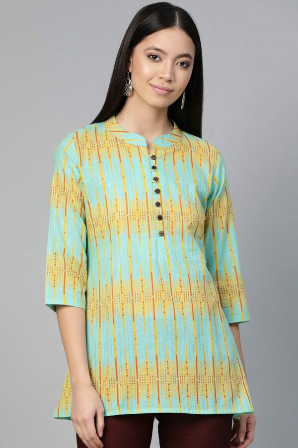 Indo Era Sea Green & Yellow Printed Pure Cotton A-Line Kurti