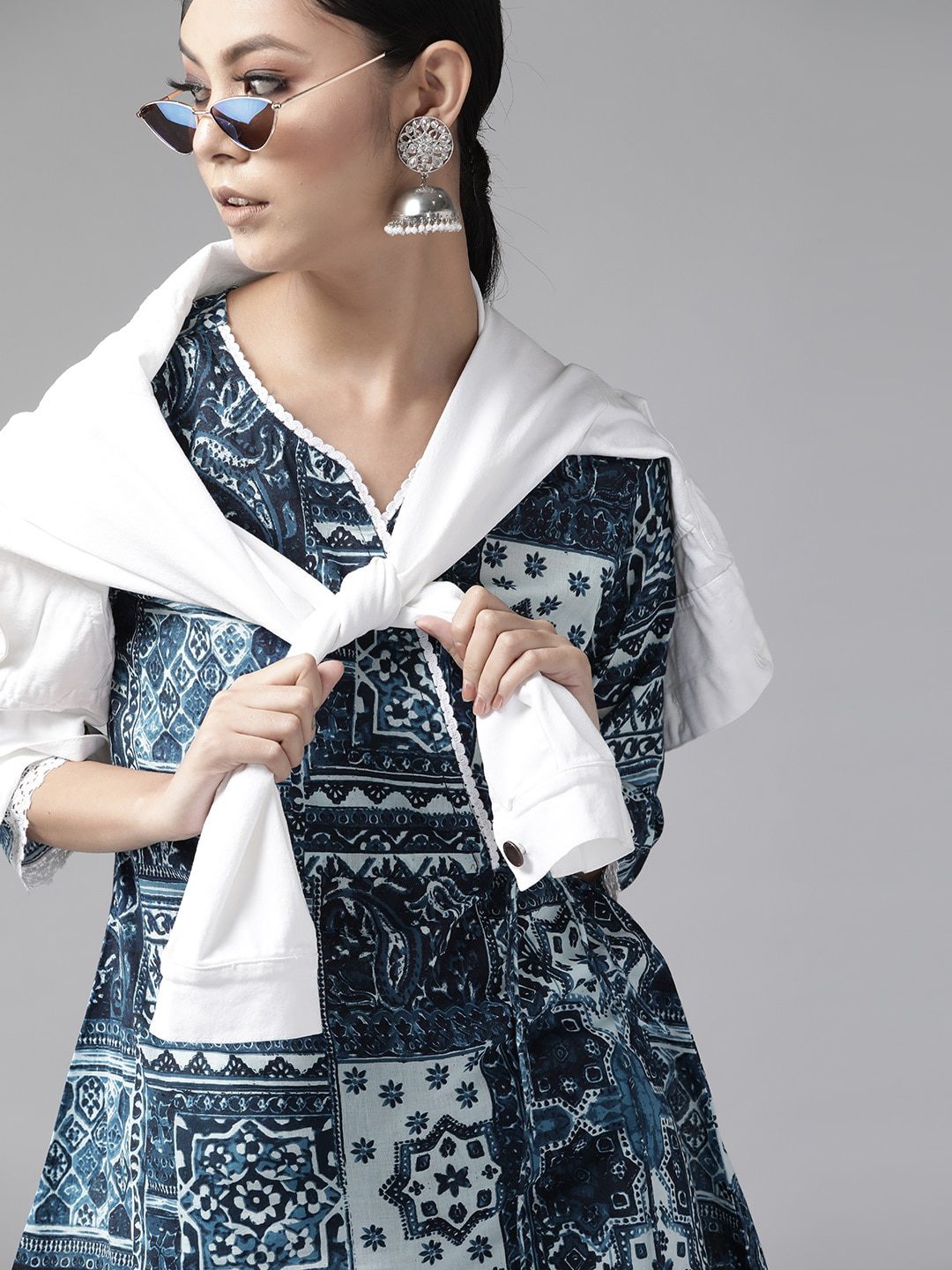 Buy Indigo Block Printed A-Line Cotton Kurta for Women | FGMK21-50 | Farida  Gupta