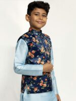 KRAFT INDIA Boys Navy Blue & Orange Printed Satin Nehru Jacket - Image 3