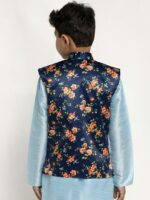 KRAFT INDIA Boys Navy Blue & Orange Printed Satin Nehru Jacket - Image 4
