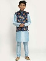 KRAFT INDIA Boys Navy Blue & Orange Printed Satin Nehru Jacket - Image 5