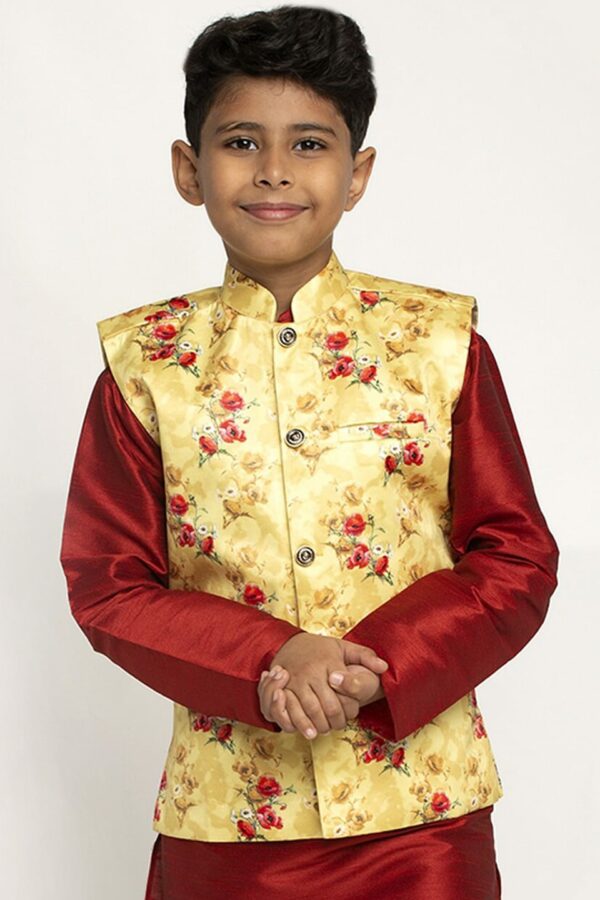 KRAFT INDIA Boys Yellow & Pink Printed Satin Nehru Jacket