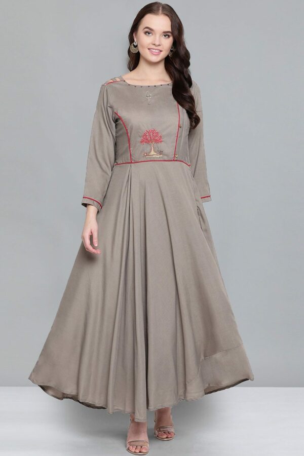 Kvsfab Women Grey & Red Ethnic Motifs Embroidered Maxi Dress