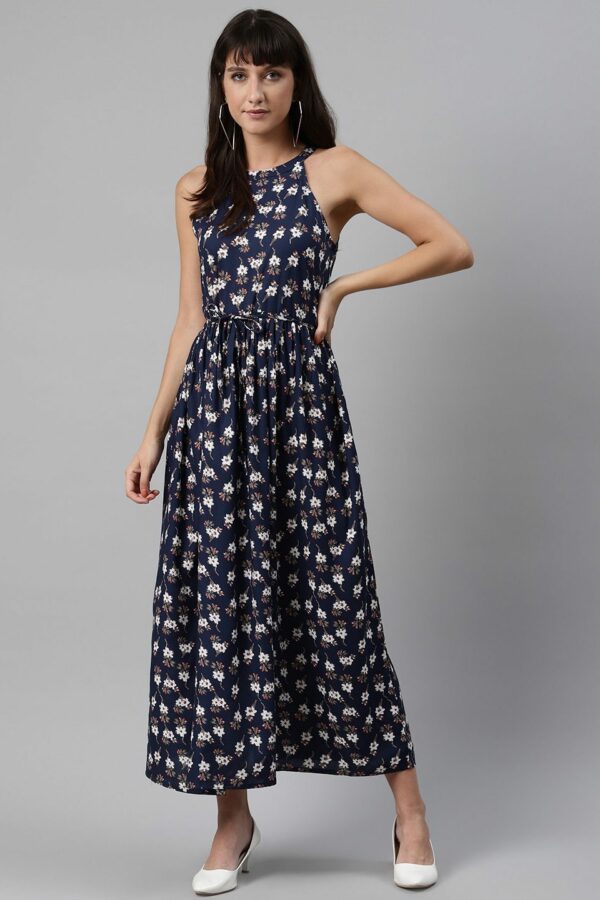Meeranshi Women Navy Blue & White Floral Printed Maxi Dress with Belt