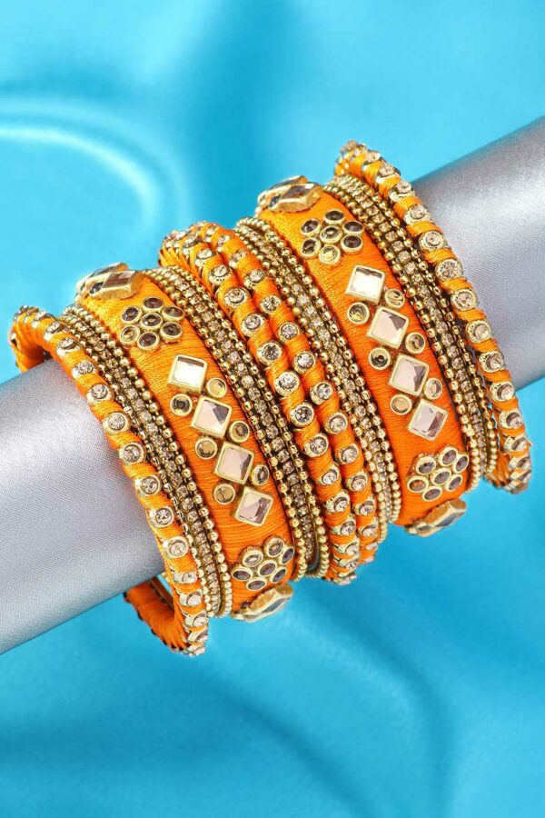 Peora Women Set of 10 Orange Silk Threaded & Stone Studded Chuda Bangles