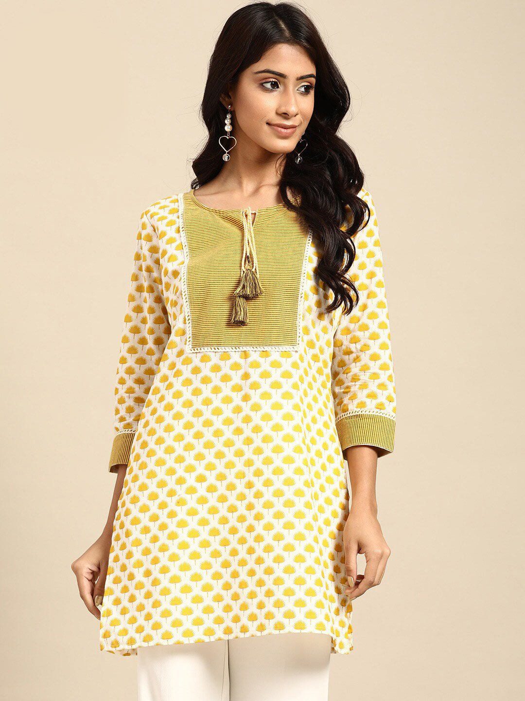 Buy Ahalyaa OffWhite  Golden Cotton Printed Straight Kurti for Women  Online  Tata CLiQ