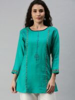 SheWill Green Ethnic Motifs Embroidered Thread Work Thread Work Panelled Kurti