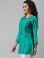 SheWill Green Ethnic Motifs Embroidered Thread Work Thread Work Panelled Kurti - Image 3