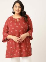Sztori Maroon & White Plus Size Geometric Printed Flared Sleeves Kurti
