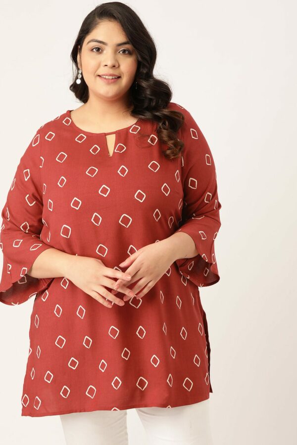 Sztori Maroon & White Plus Size Geometric Printed Flared Sleeves Kurti
